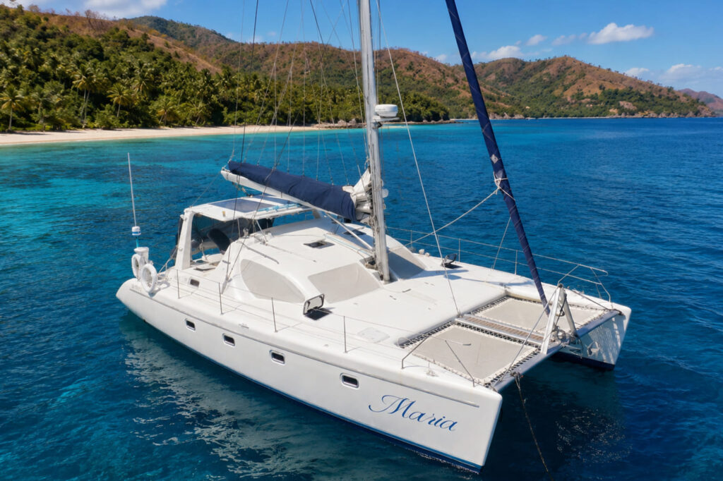Vista de alto ângulo de um grande catamarã branco chamado Marta ancorado em águas calmas e azuis profundas do oceano perto de uma costa tropical verde e exuberante.